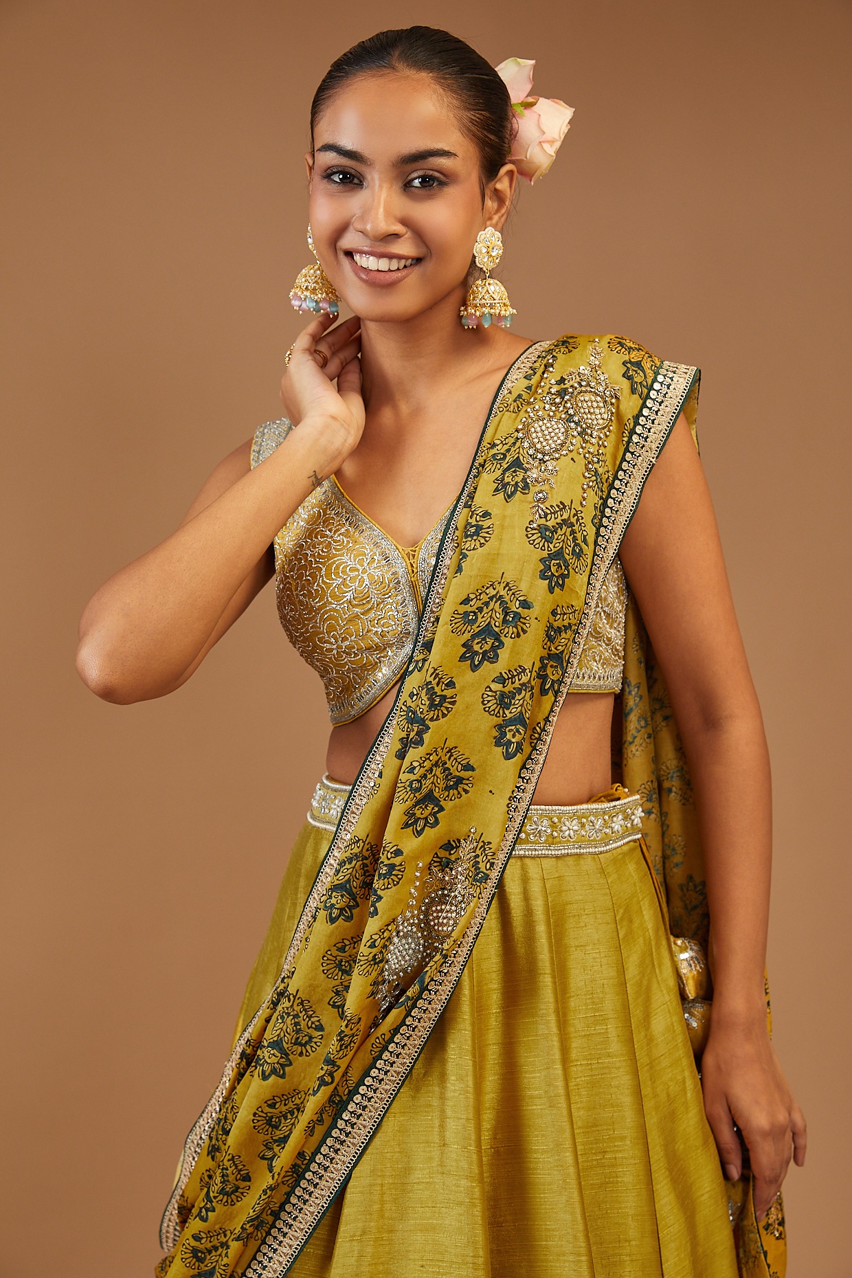 Golden Yellow Organza Printed Party Lehenga Choli