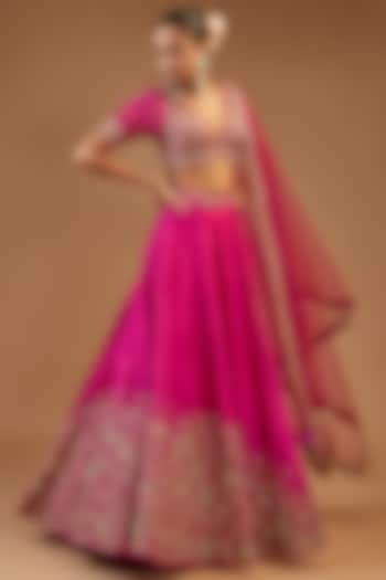 Hot Pink Silk Embroidered Wedding Lehenga Set by Joy Mitra at Pernia's Pop Up Shop