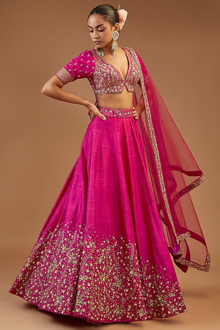 Hot Pink Silk Embroidered Wedding Lehenga Set by Joy Mitra at Pernia's Pop Up Shop