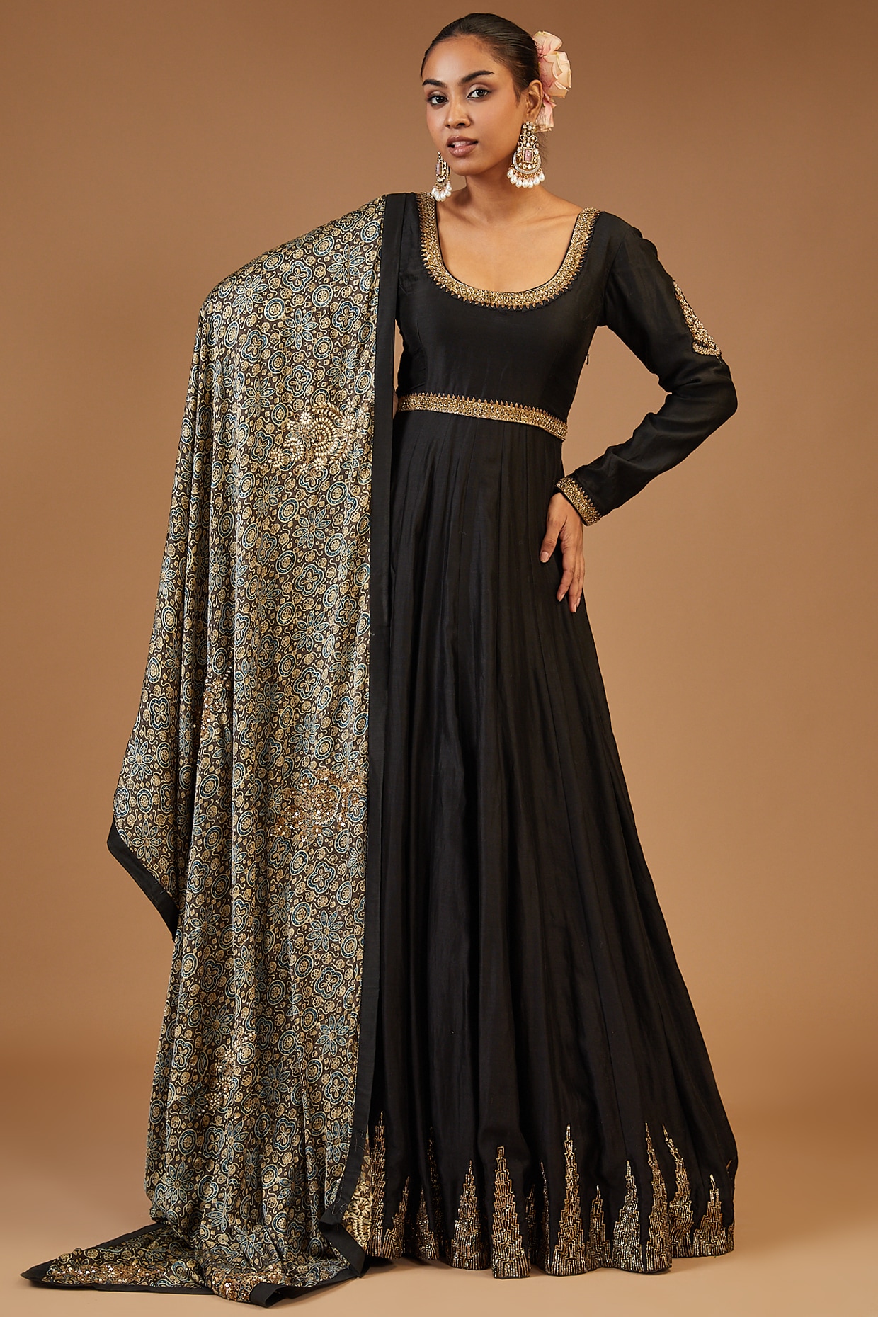 Black anarkali dress with mustard embroidered jacket by Label Harsha Khatry  | The Secret Label