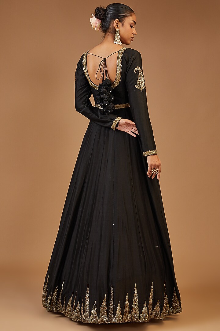 Black Chanderi Wedding Anarkali Set by Joy Mitra at Pernia's Pop Up Shop