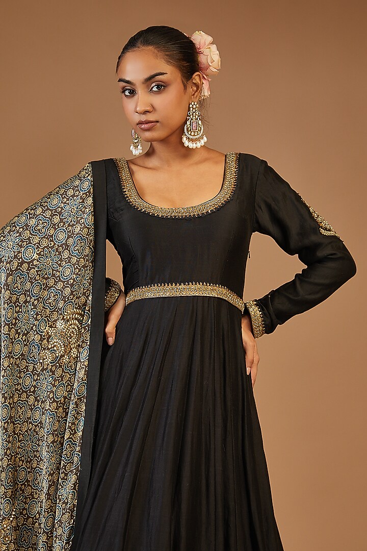 Black Chanderi Wedding Anarkali Set by Joy Mitra at Pernia's Pop Up Shop