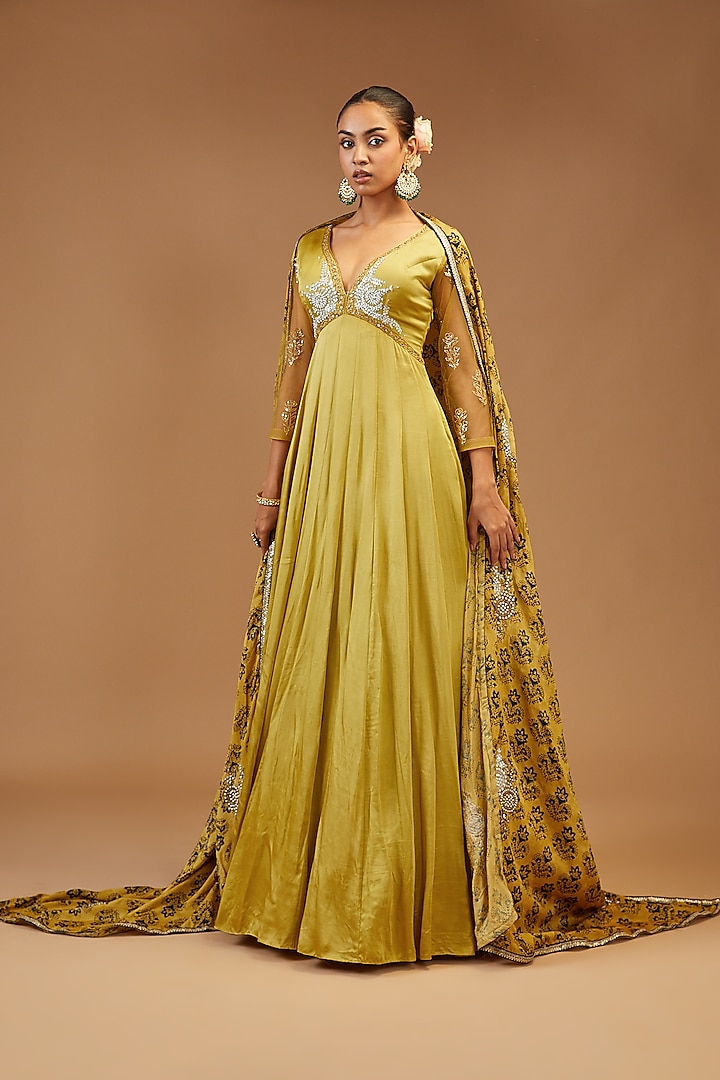 Lime Yellow Modal Silk Embroidered Anarkali Set by Joy Mitra