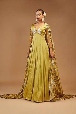Lime Yellow Modal Silk Embroidered Anarkali Set by Joy Mitra