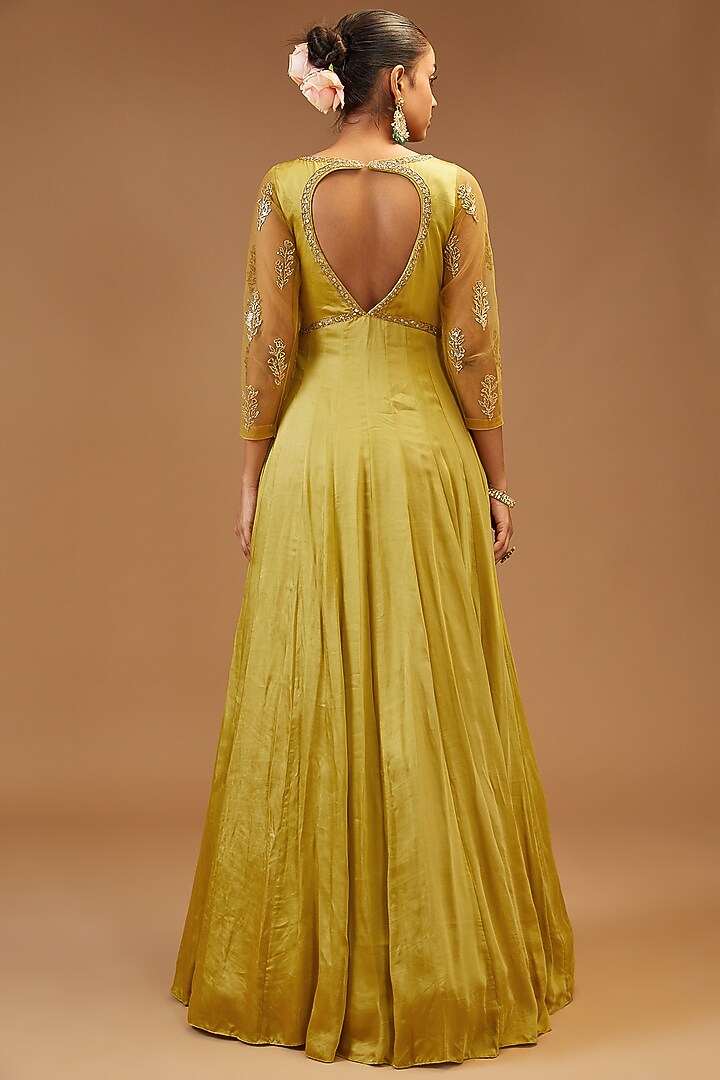 Lime Yellow Modal Silk Embroidered Wedding Anarkali Set by Joy Mitra at Pernia's Pop Up Shop