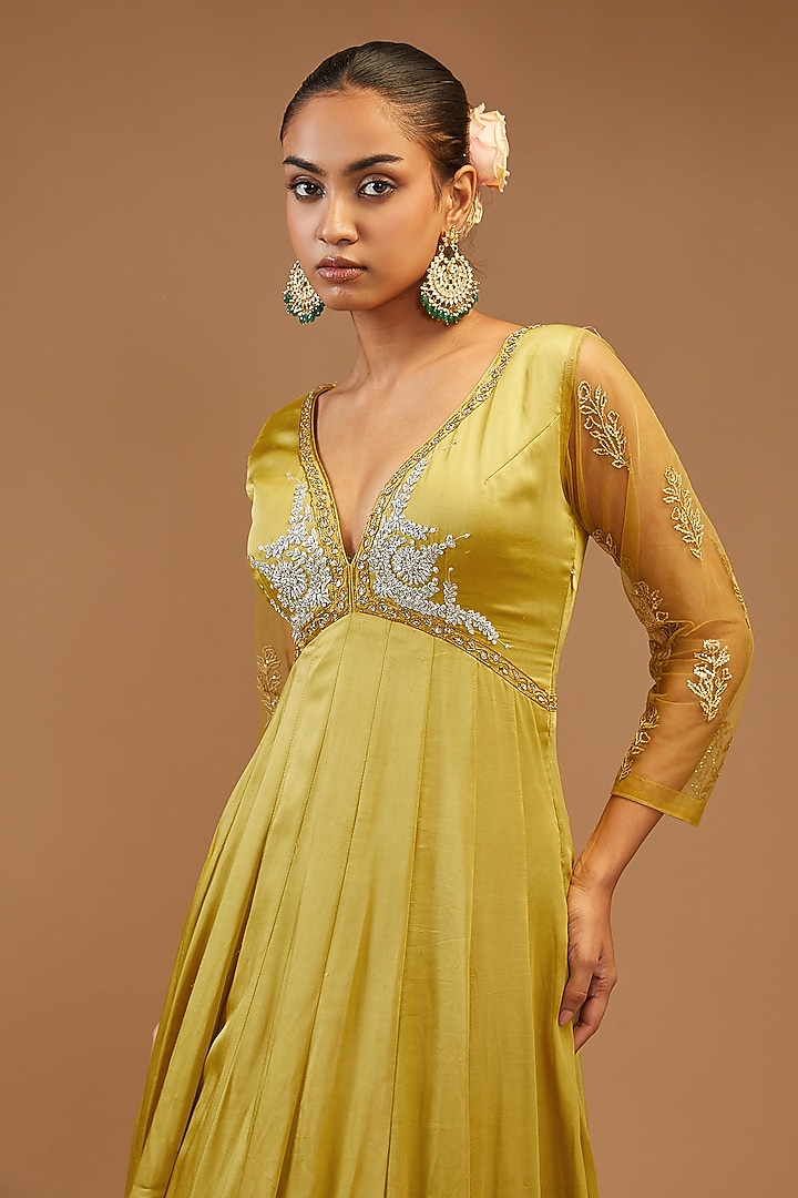 Lime Yellow Modal Silk Embroidered Wedding Anarkali Set by Joy Mitra at Pernia's Pop Up Shop