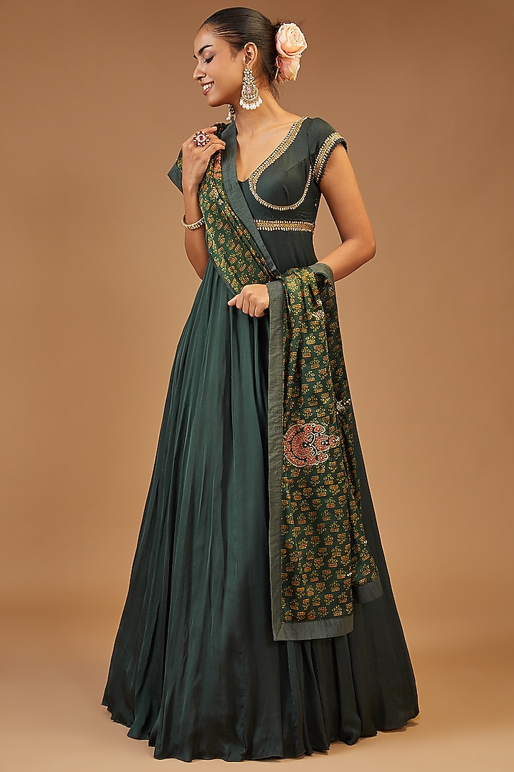 Bottle Green Modal Silk Anarkali Set by Joy Mitra