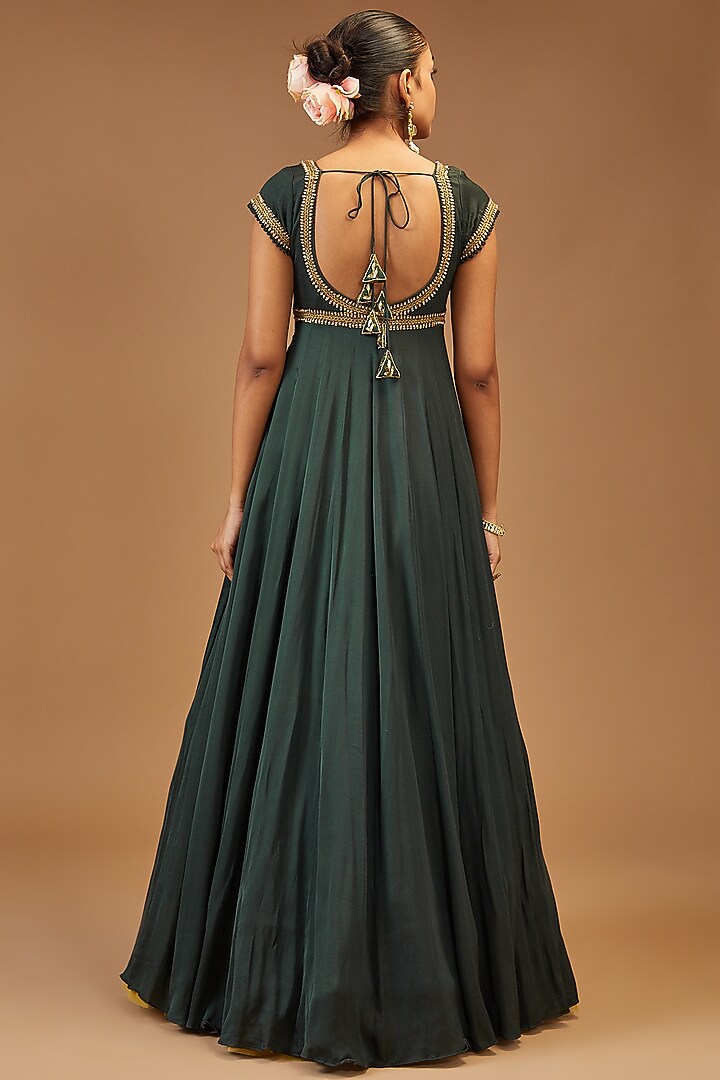 Bottle Green Modal Silk Wedding Anarkali Set by Joy Mitra at Pernia's Pop Up Shop