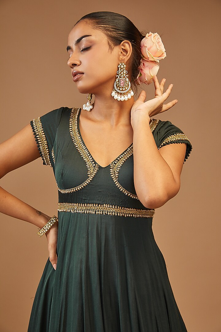 Bottle Green Modal Silk Wedding Anarkali Set by Joy Mitra at Pernia's Pop Up Shop