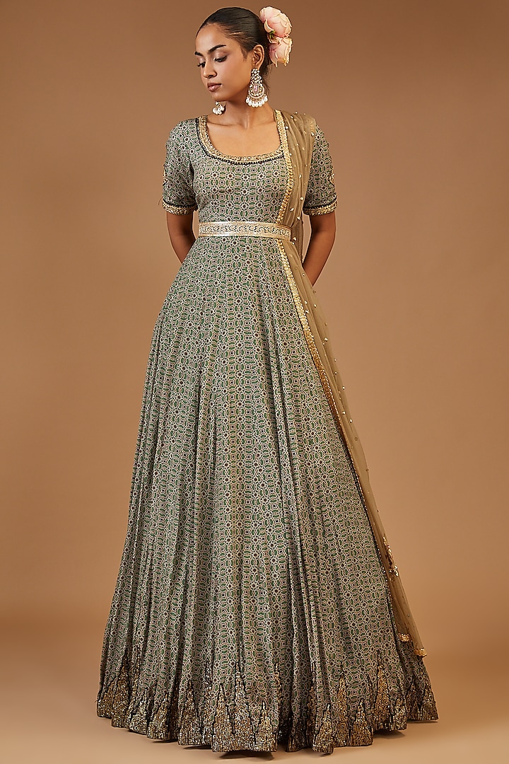 Green Georgette Printed Anarkali Set by Joy Mitra at Pernia's Pop Up Shop