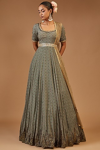 Green Georgette Printed Anarkali Set by Joy Mitra