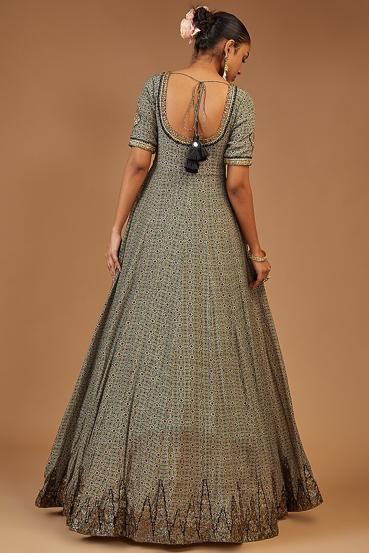 Green Georgette Printed Wedding Anarkali Set by Joy Mitra at Pernia's Pop Up Shop