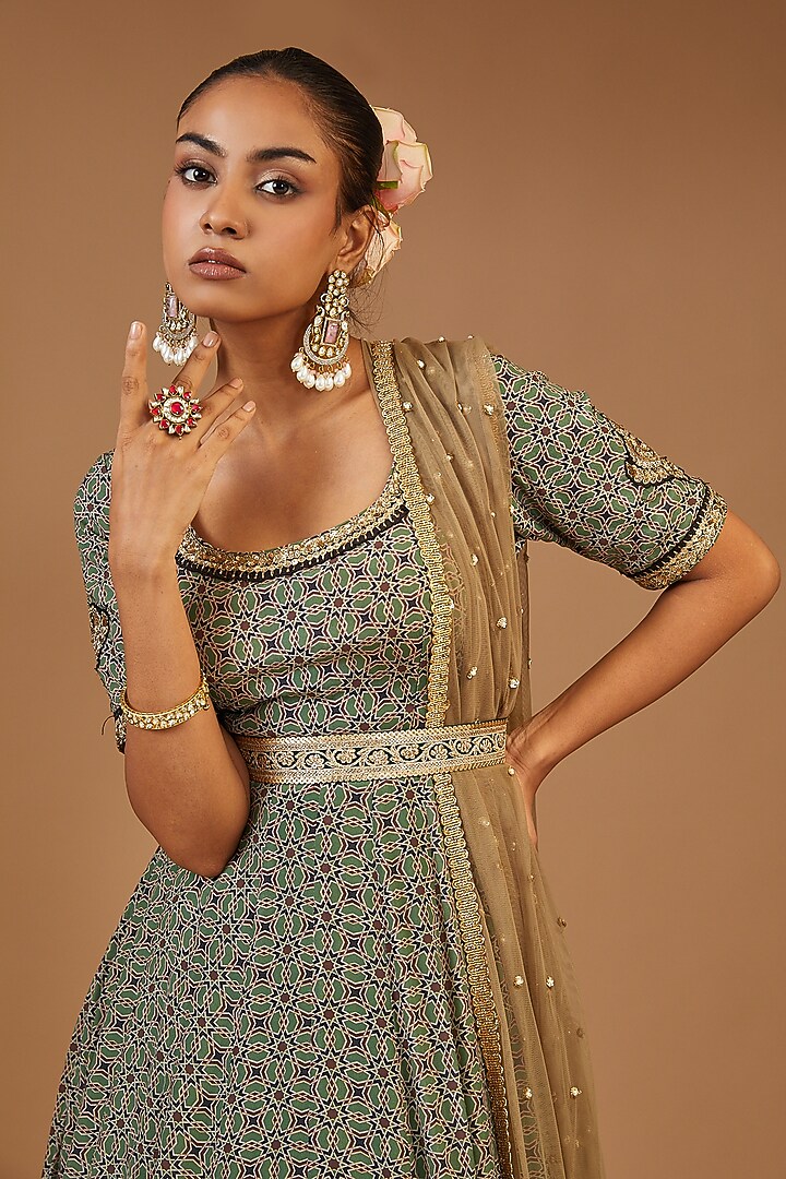 Green Georgette Printed Wedding Anarkali Set by Joy Mitra at Pernia's Pop Up Shop