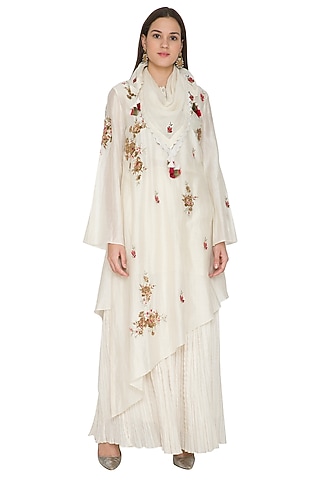 Cream Embroidered Kurta Set by Joy Mitra