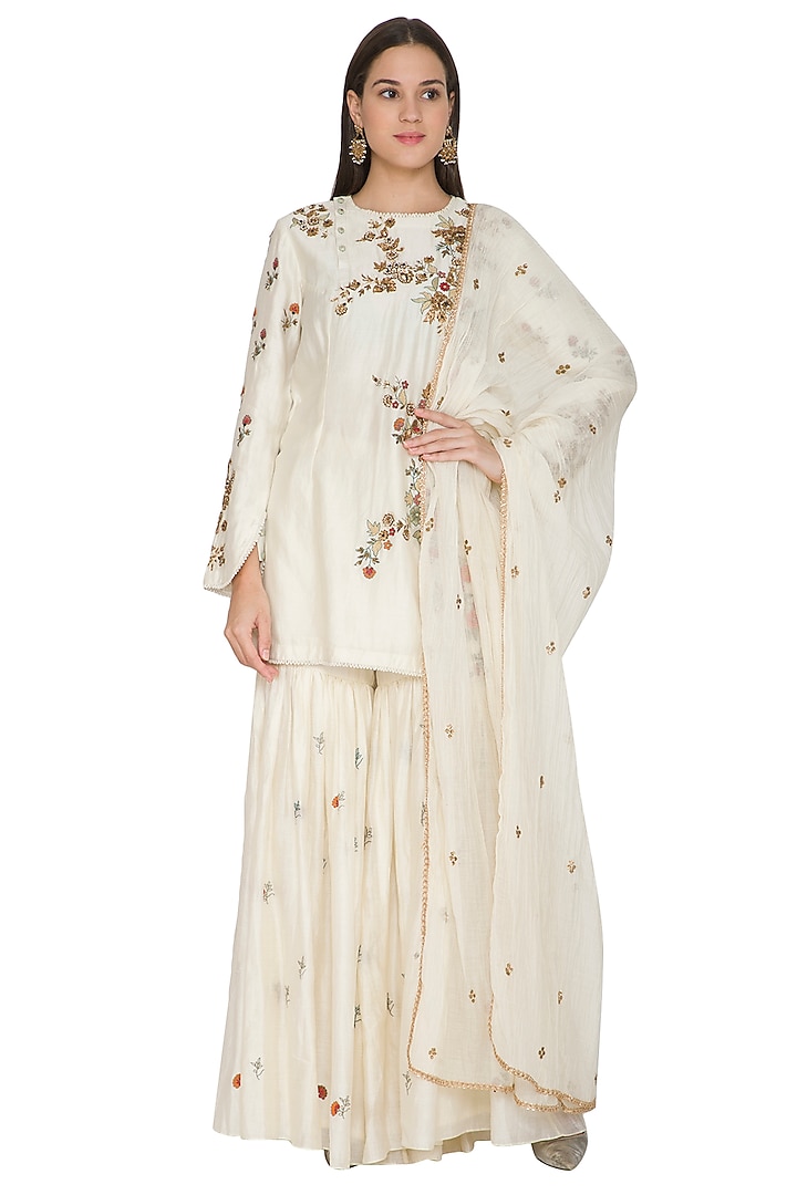 Cream Chanderi Silk Resham Embroidered Gharara Set by Joy Mitra