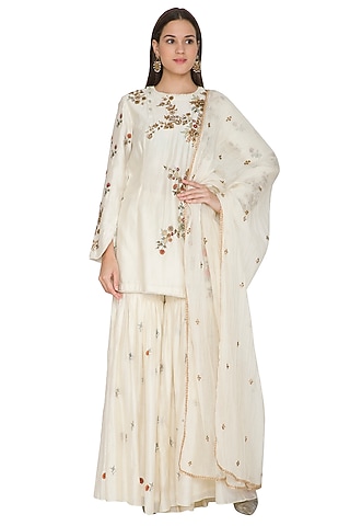 Cream Chanderi Silk Resham Embroidered Gharara Set by Joy Mitra