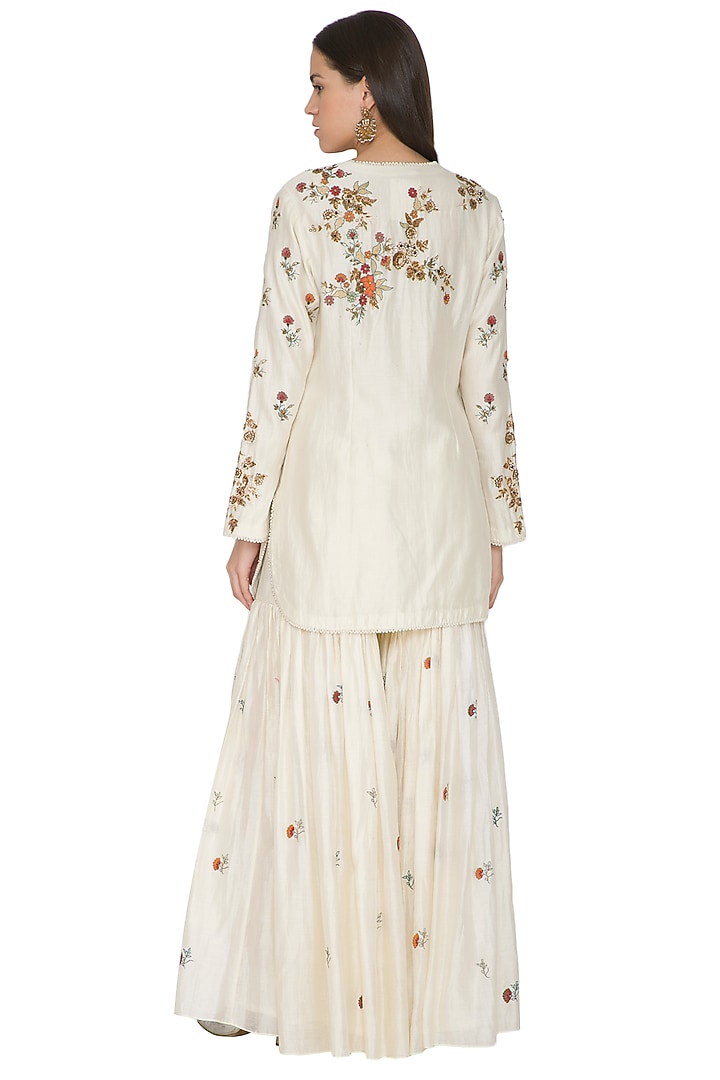 Cream Chanderi Silk Resham Embroidered Gharara Set by Joy Mitra at Pernia's Pop Up Shop