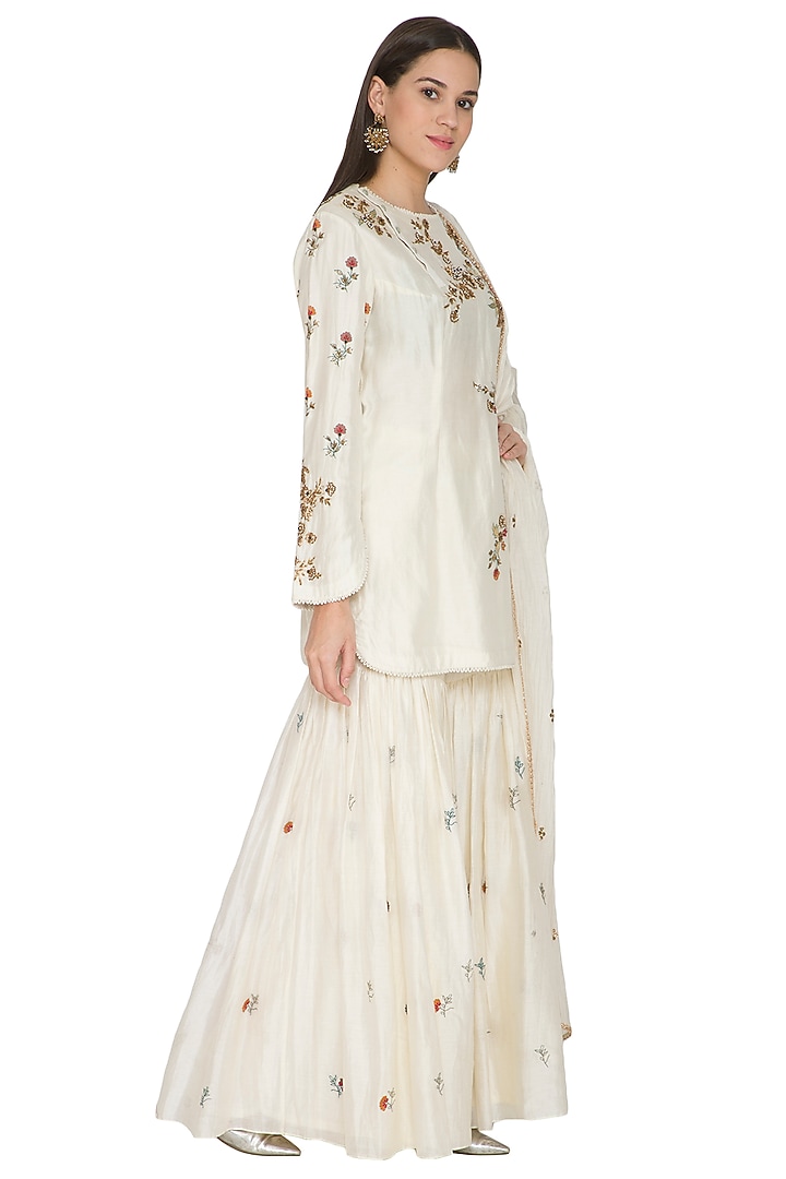 Cream Chanderi Silk Resham Embroidered Gharara Set by Joy Mitra at Pernia's Pop Up Shop