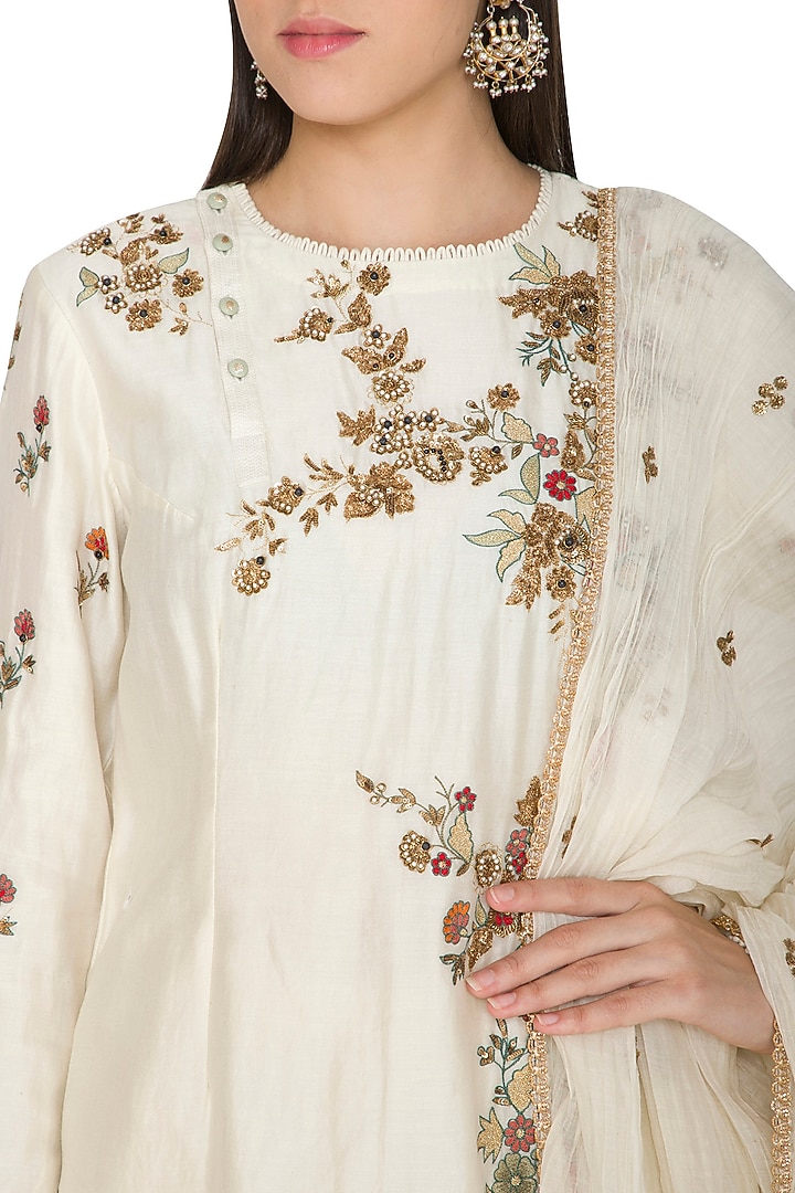 Cream Chanderi Silk Resham Embroidered Gharara Set by Joy Mitra at Pernia's Pop Up Shop