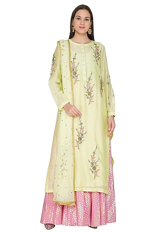 Lemon Yellow Embroidered Kurta Set by Joy Mitra