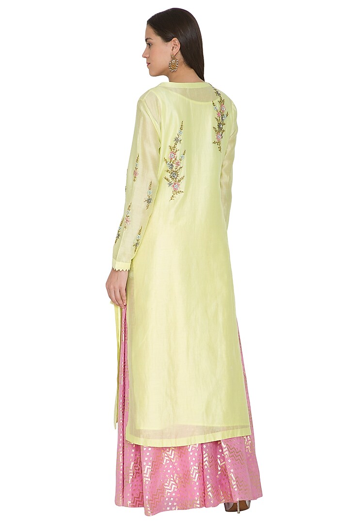 Lemon Yellow Embroidered Kurta Set by Joy Mitra at Pernia's Pop Up Shop