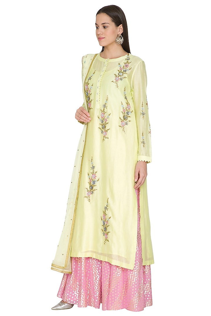 Lemon Yellow Embroidered Kurta Set by Joy Mitra at Pernia's Pop Up Shop