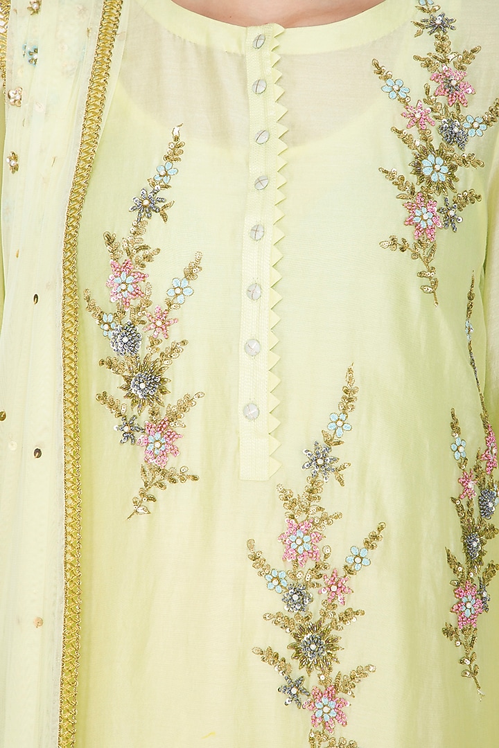 Lemon Yellow Embroidered Kurta Set by Joy Mitra at Pernia's Pop Up Shop