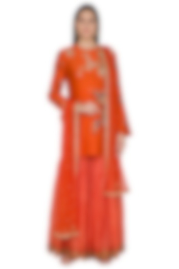 Orange Chanderi Silk Resham Embroidered Gharara Set by Joy Mitra