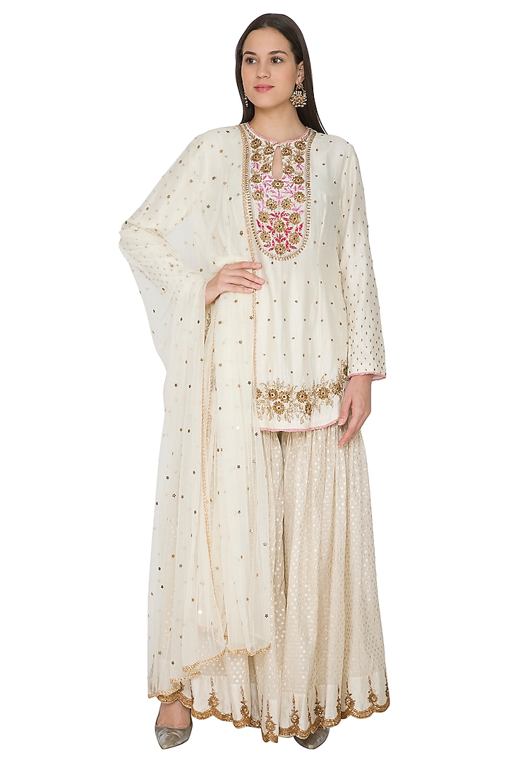 Cream Chanderi Silk Resham Embroidered Gharara Set by Joy Mitra