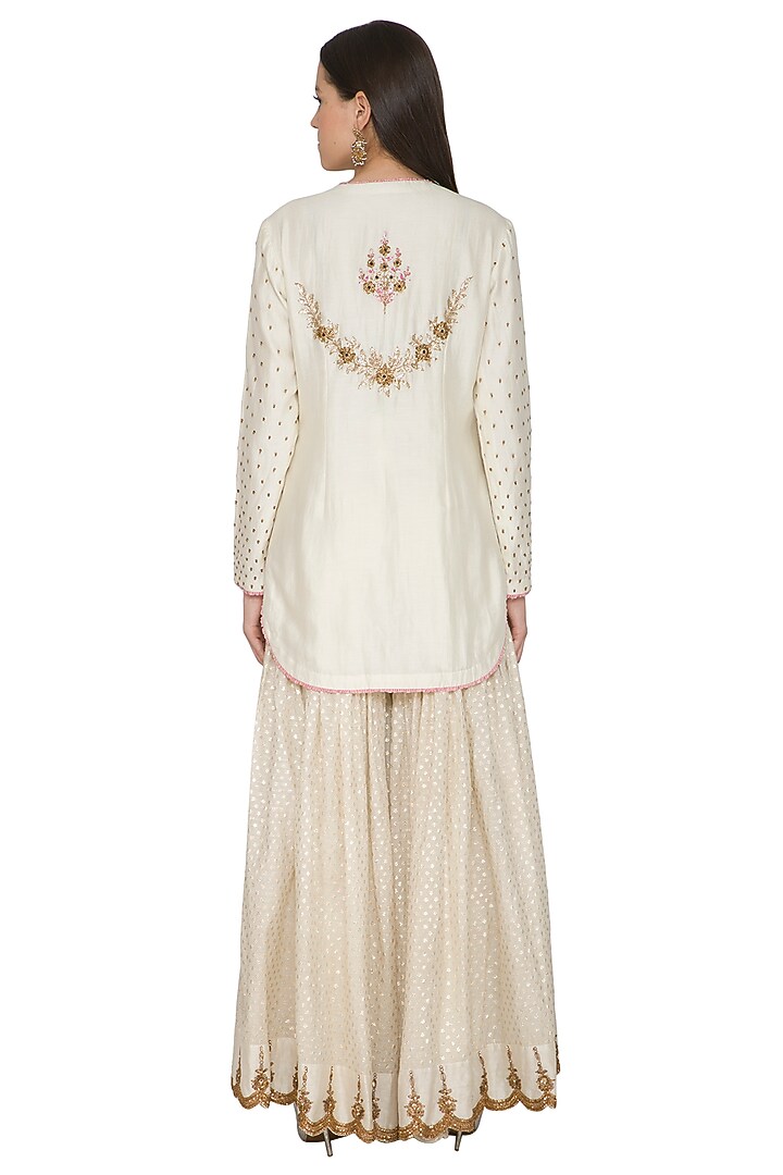 Cream Chanderi Silk Resham Embroidered Gharara Set by Joy Mitra at Pernia's Pop Up Shop