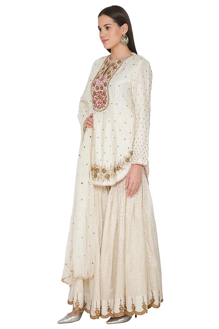 Cream Chanderi Silk Resham Embroidered Gharara Set by Joy Mitra at Pernia's Pop Up Shop