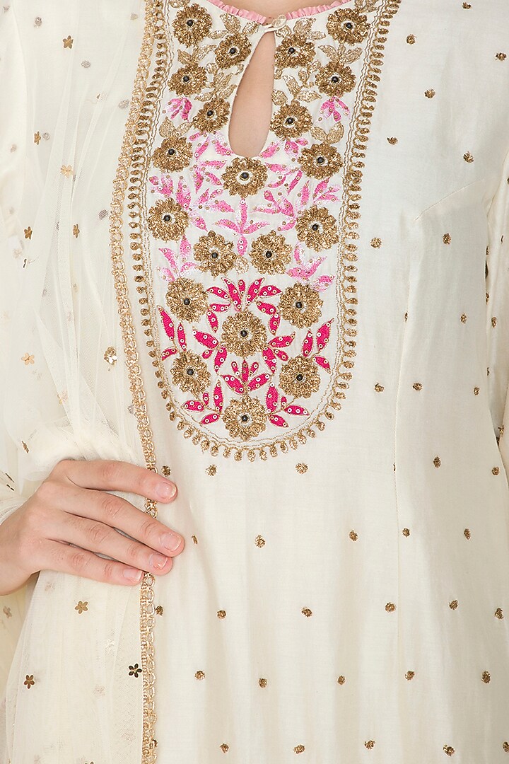 Cream Chanderi Silk Resham Embroidered Gharara Set by Joy Mitra at Pernia's Pop Up Shop