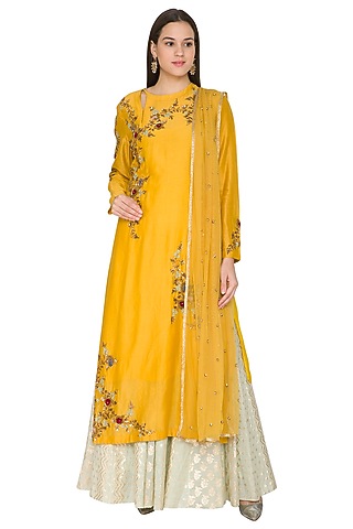 Yellow Embroidered Kurta Set by Joy Mitra