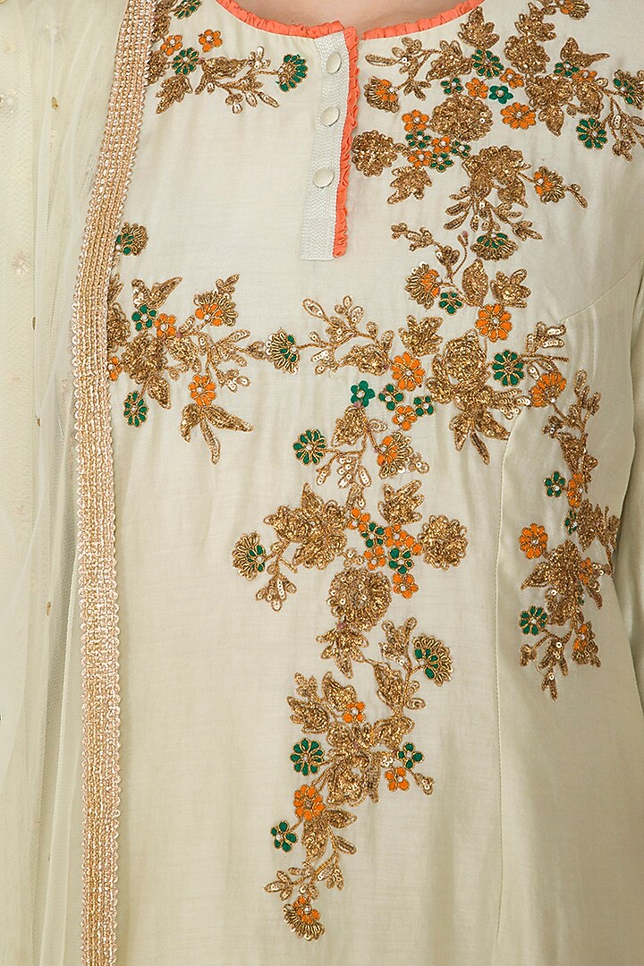 Mint Green Embroidered Kurta Set by Joy Mitra at Pernia's Pop Up Shop