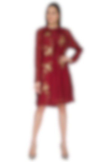Maroon Embroidered Chanderi Dress by Joy Mitra