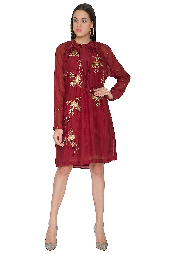 Maroon Embroidered Chanderi Dress by Joy Mitra