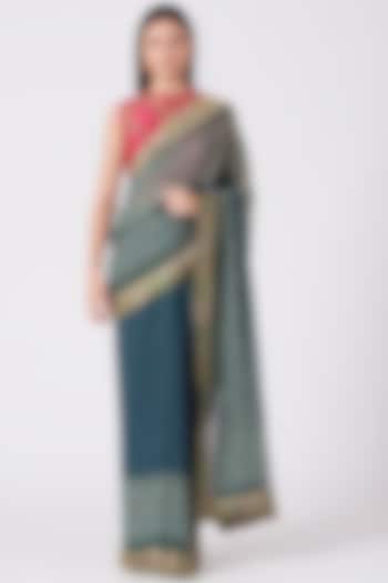 Blue & Green Ombre Georgette Ajrakh Printed Party Wear Saree by Joy Mitra at Pernia's Pop Up Shop