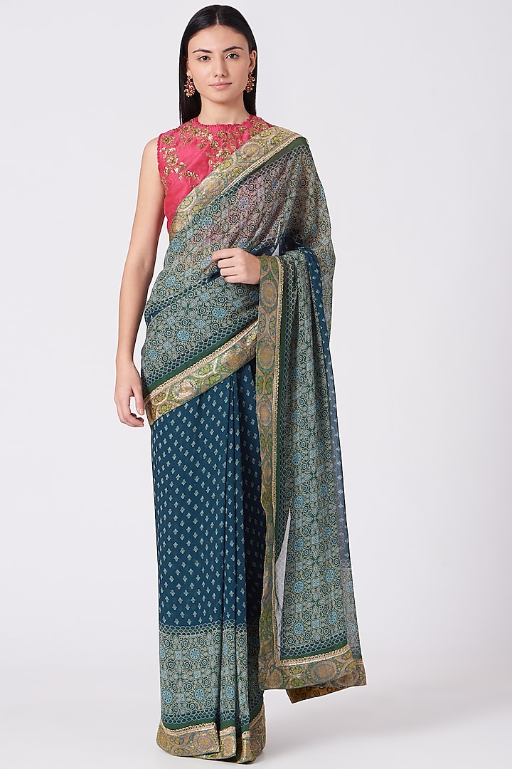 Blue & Green Ombre Georgette Ajrakh Printed Saree by Joy Mitra