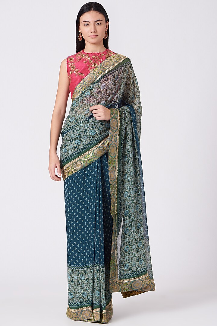 Blue & Green Ombre Georgette Ajrakh Printed Party Wear Saree by Joy Mitra at Pernia's Pop Up Shop