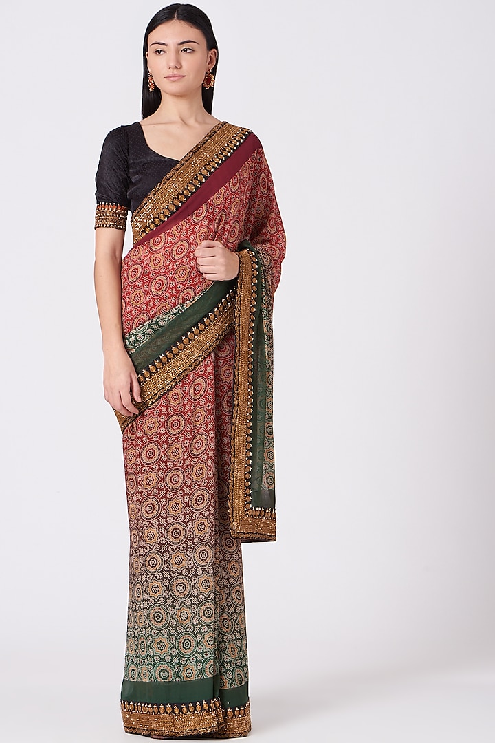 Red & Green Ombre Ajrakh Printed Saree  by Joy Mitra