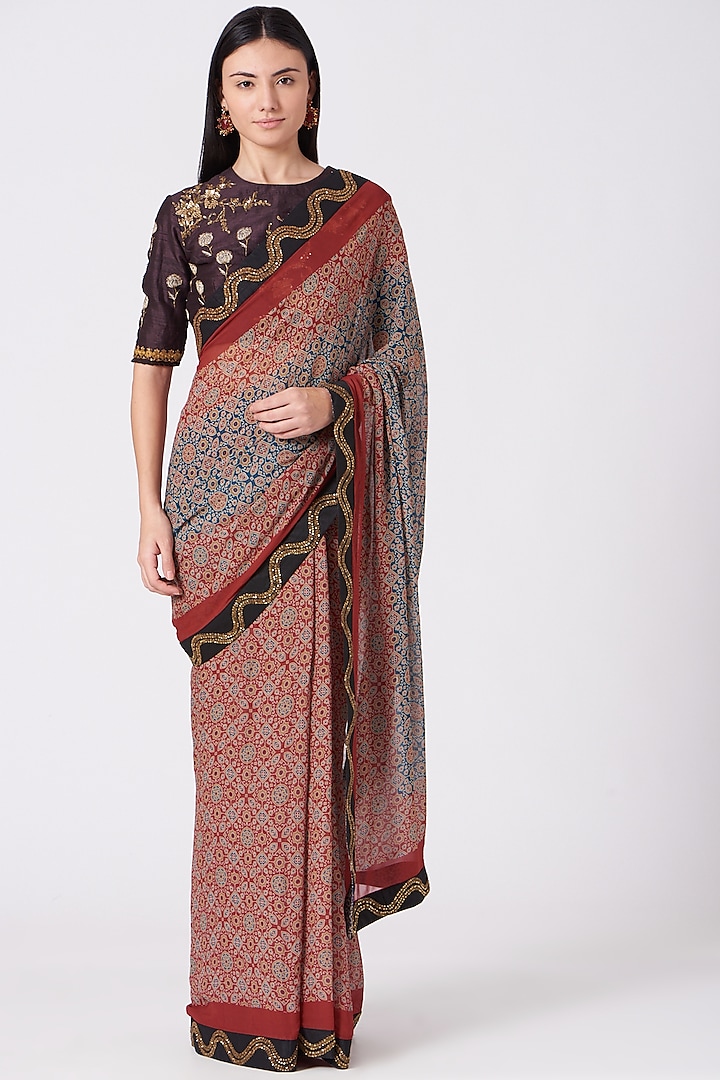 Red & Blue Ombre Ajrakh Printed Saree by Joy Mitra