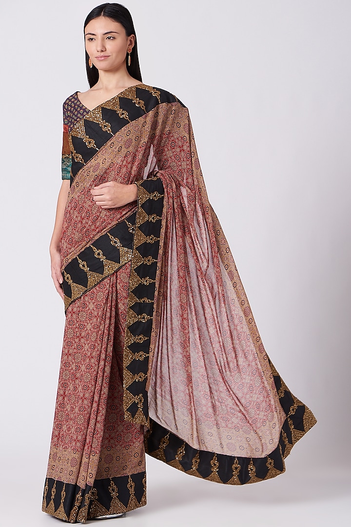 Red & Mustard Ombre Ajrakh Printed Wedding Saree by Joy Mitra at Pernia's Pop Up Shop