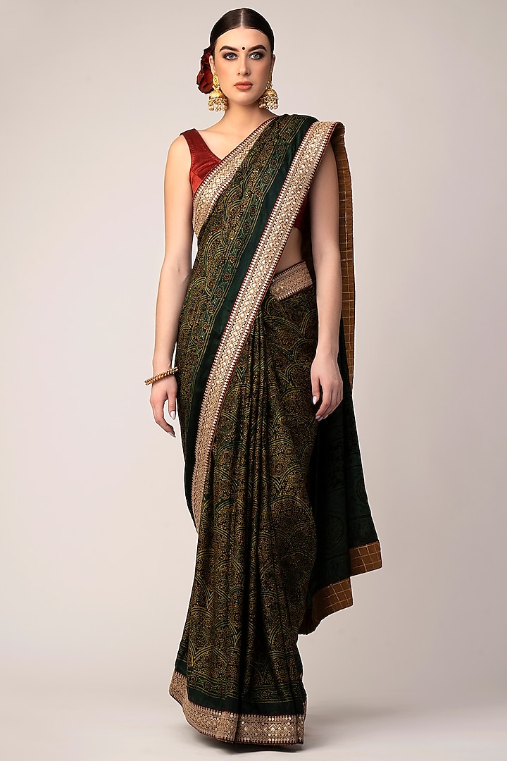 Green Modal Ajrakh Printed & Embroidered Saree Set by Joy Mitra