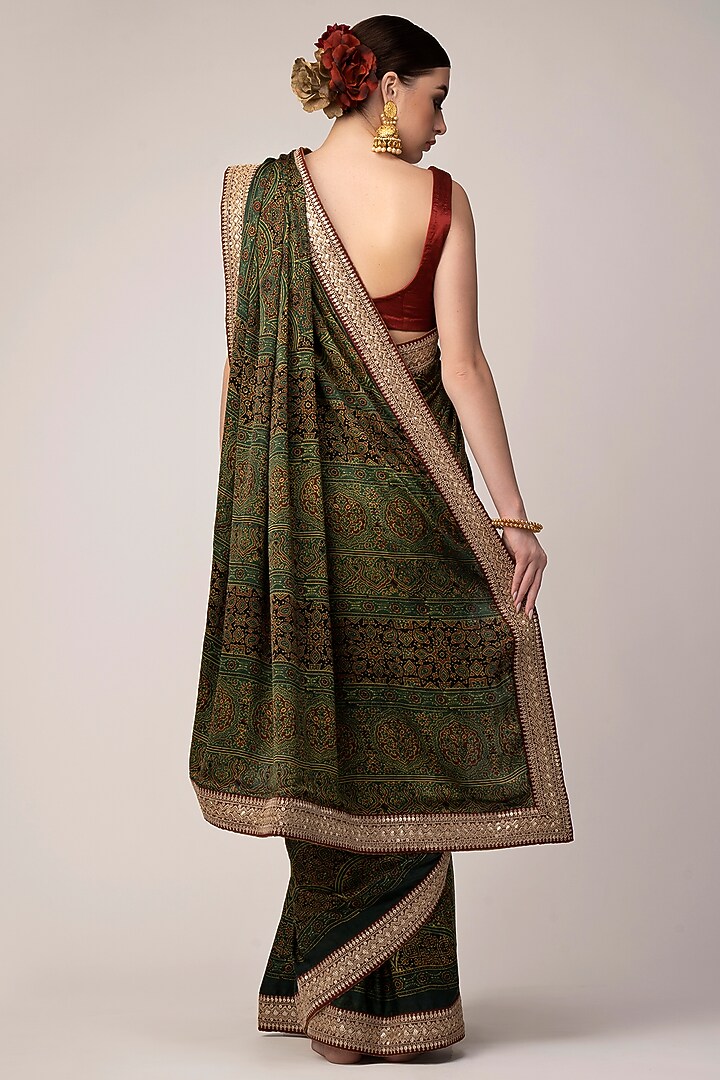 Green Modal Ajrakh Printed & Embroidered Wedding Saree Set by Joy Mitra at Pernia's Pop Up Shop
