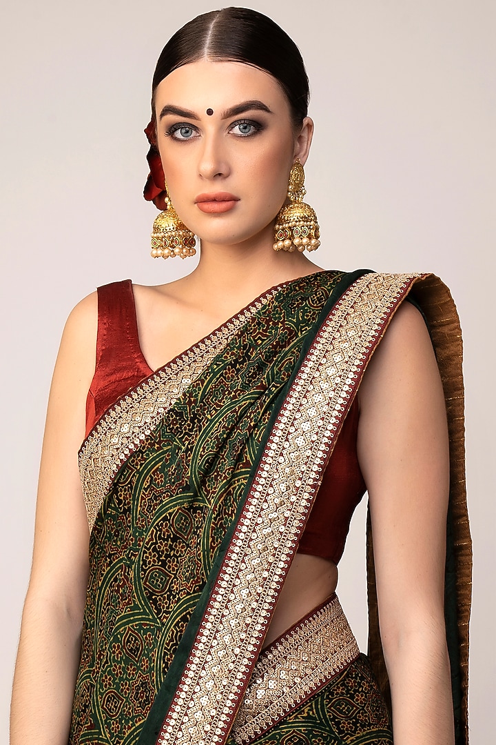 Green Modal Ajrakh Printed & Embroidered Wedding Saree Set by Joy Mitra at Pernia's Pop Up Shop
