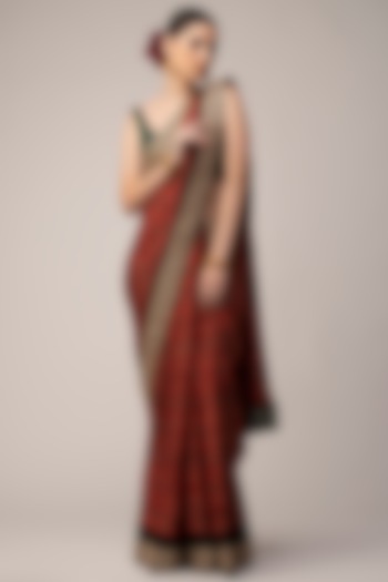 Red Modal Ajrakh Printed & Embroidered Saree Set by Joy Mitra
