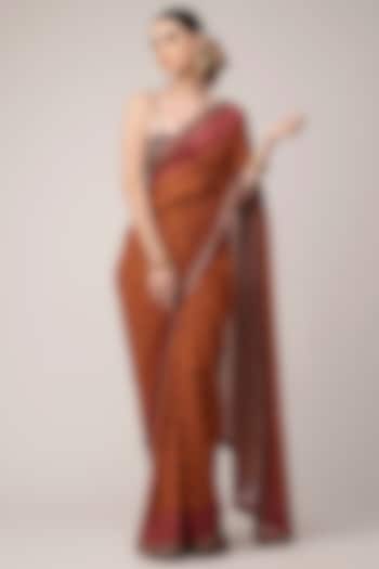 Burnt Orange Printed & Embroidered Saree Set by Joy Mitra