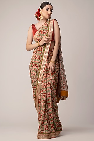 Red & Green Georgette Ajrakh Printed & Embroidered Saree Set by Joy Mitra