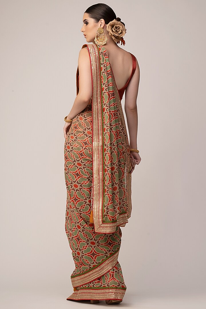 Red & Green Georgette Ajrakh Printed & Embroidered Wedding Saree Set by Joy Mitra at Pernia's Pop Up Shop
