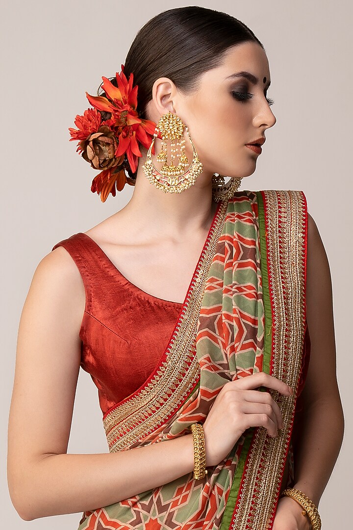 Red & Green Georgette Ajrakh Printed & Embroidered Wedding Saree Set by Joy Mitra at Pernia's Pop Up Shop